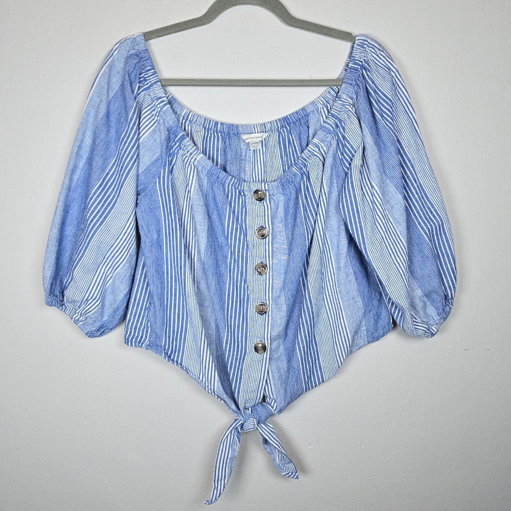 American Eagle Linen Blend Cropped Button Up Front Tie Top Stripe Puff Sleeve XL - Picture 1 of 9